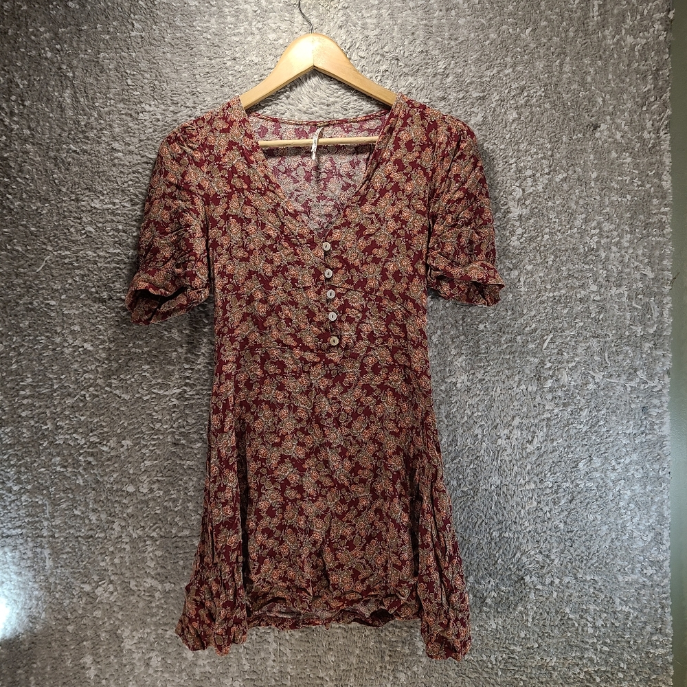 Free People Provence Mini Dress size XS Red Floral Side‎ Zip